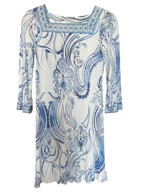 Vintage Emilio Pucci Blue & White Silk Paisley-Style Print Midi Dress (READ)